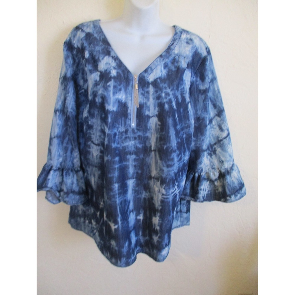 Given Kale Womens Tunic Top Sz 1X Blue Tie Dye Blouse Metal Tassel Zipper Shirt